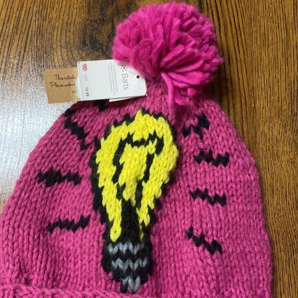 🌷 Barts 🌷 Pink Lightbulb Hand Knitted Bulb Beanie Size 53 - Picture 4 of 9